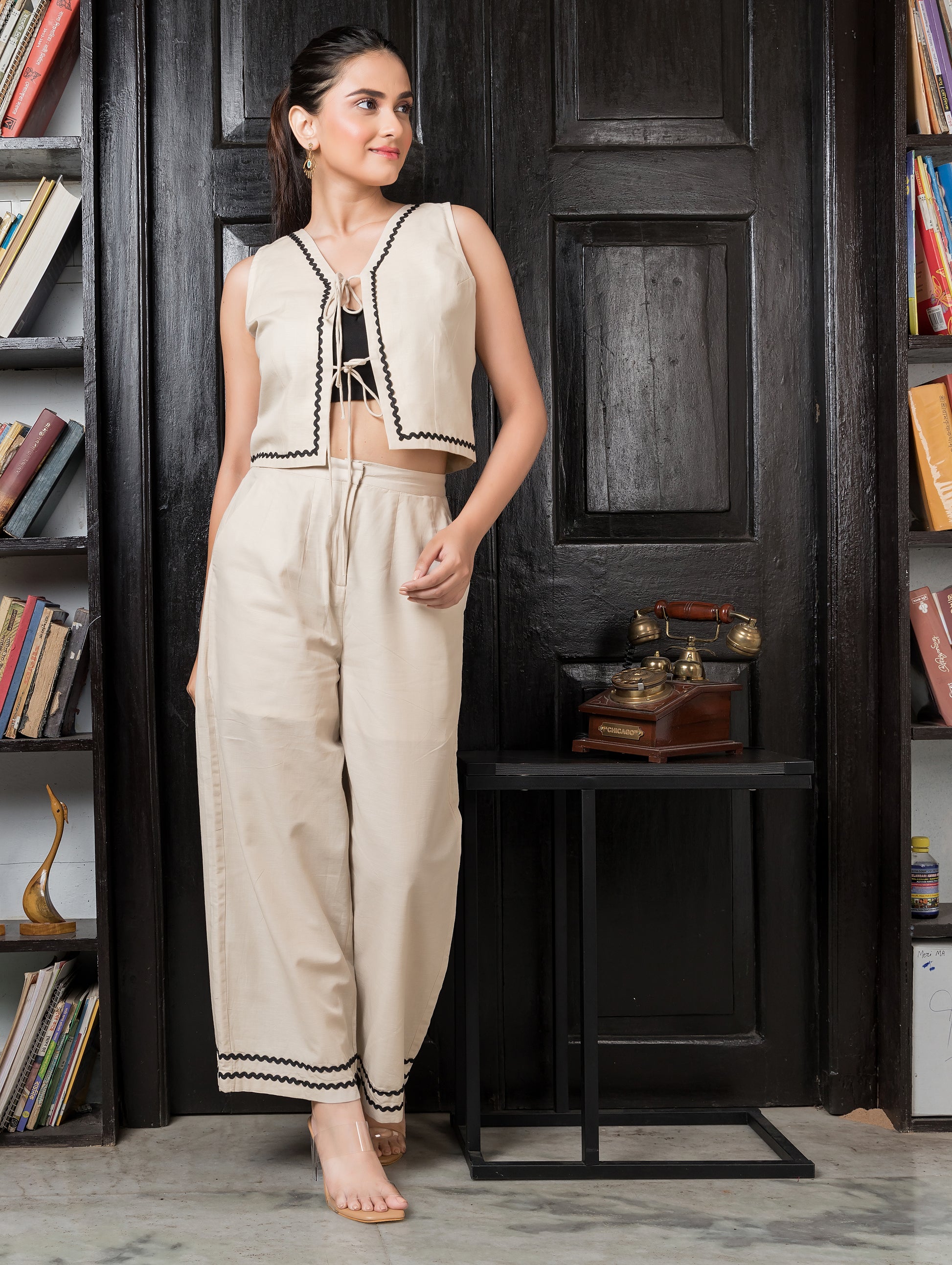 Beige & Black Front Tie on Co-Ord Set