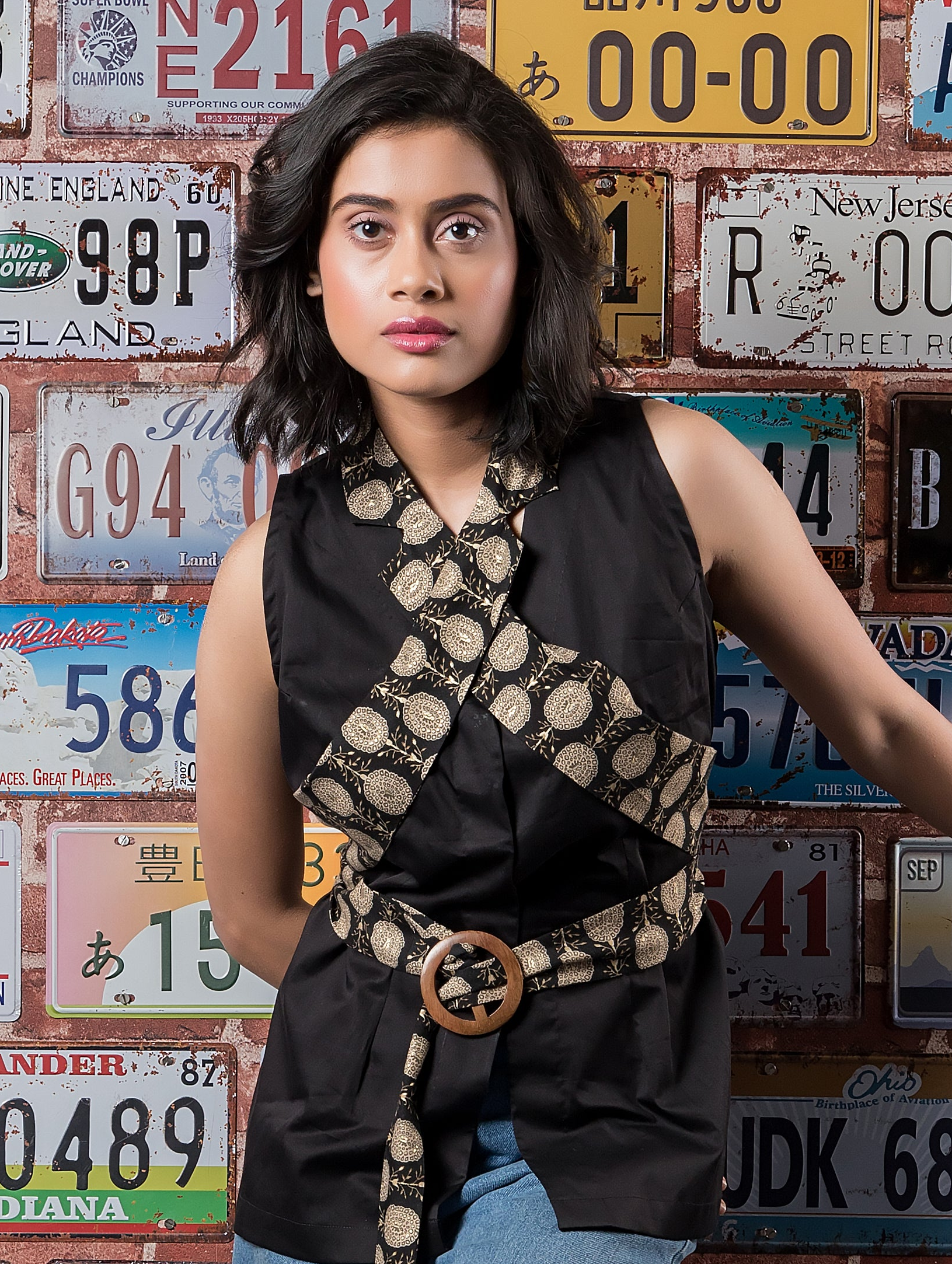 Black Waistcoat with Printed Lapel Belt