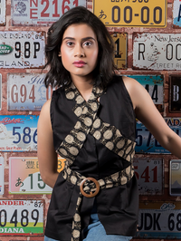 Black Waistcoat with Printed Lapel Belt