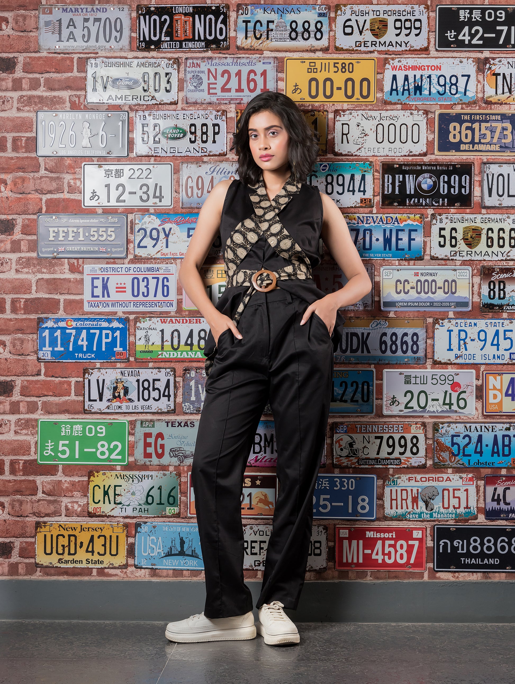 Black Waistcoat with Printed Lapel Belt & Black Pants