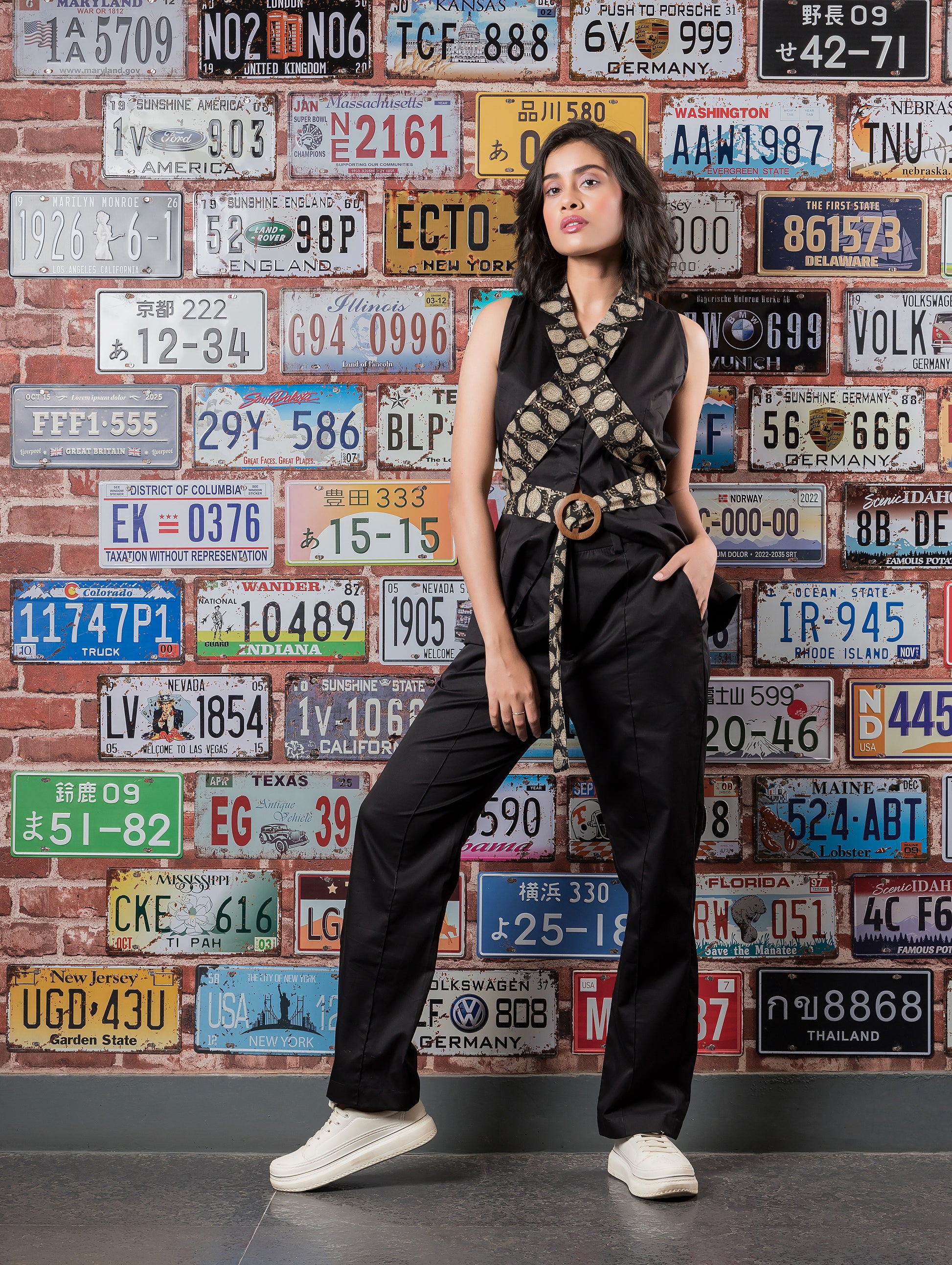 Black Waistcoat with Printed Lapel Belt & Black Pants