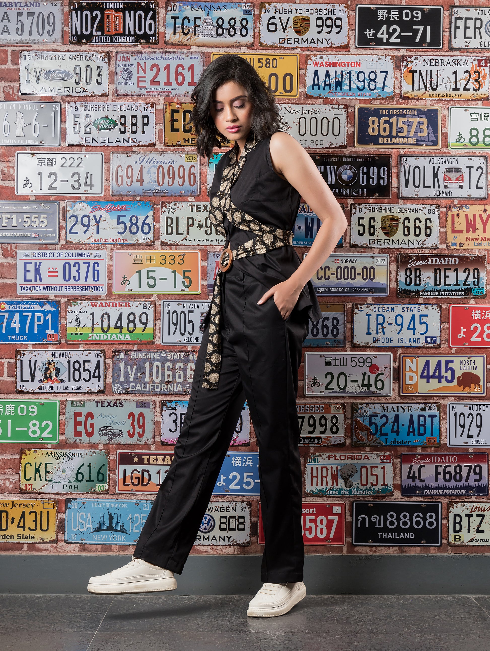 Black Waistcoat with Printed Lapel Belt & Black Pants