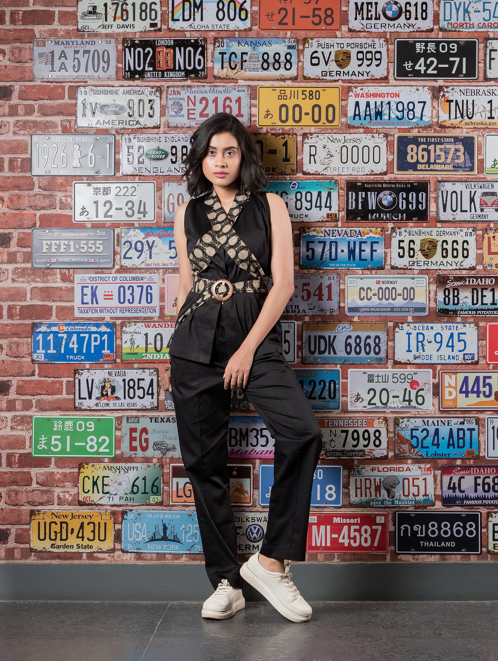 Black Waistcoat with Printed Lapel Belt & Black Pants