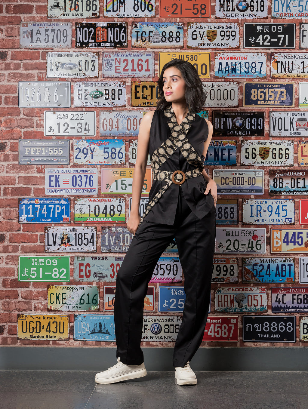 Black Waistcoat with Printed Lapel Belt & Black Pants
