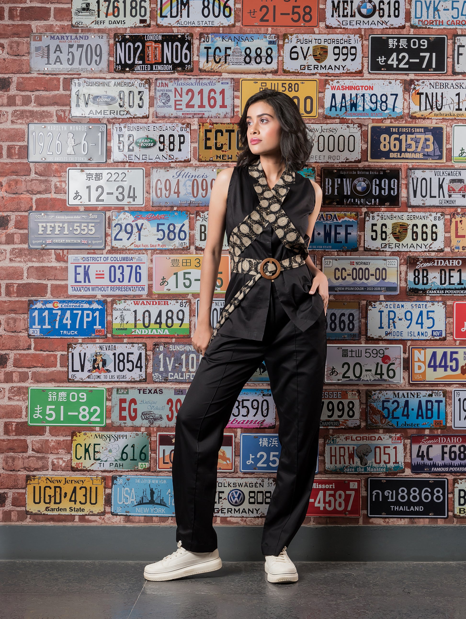 Black Waistcoat with Printed Lapel Belt & Black Pants