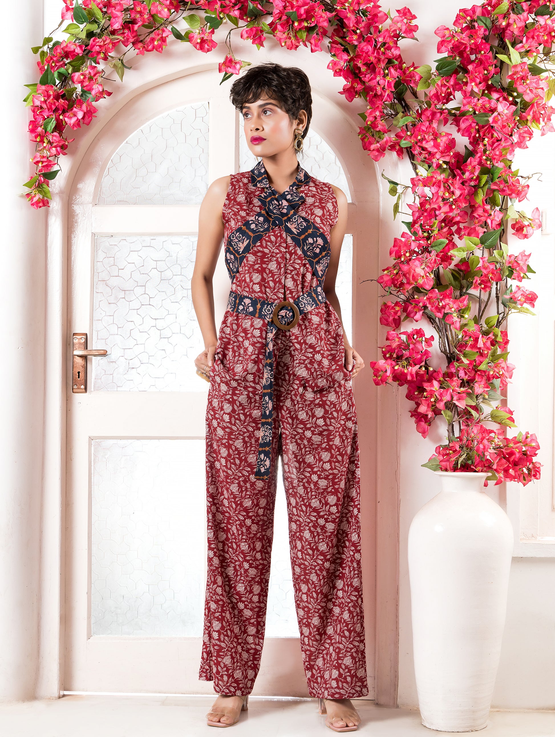 Red Printed Waistcoat with Printed Lapel Belt & Pants