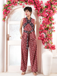 Red Printed Waistcoat with Printed Lapel Belt & Pants