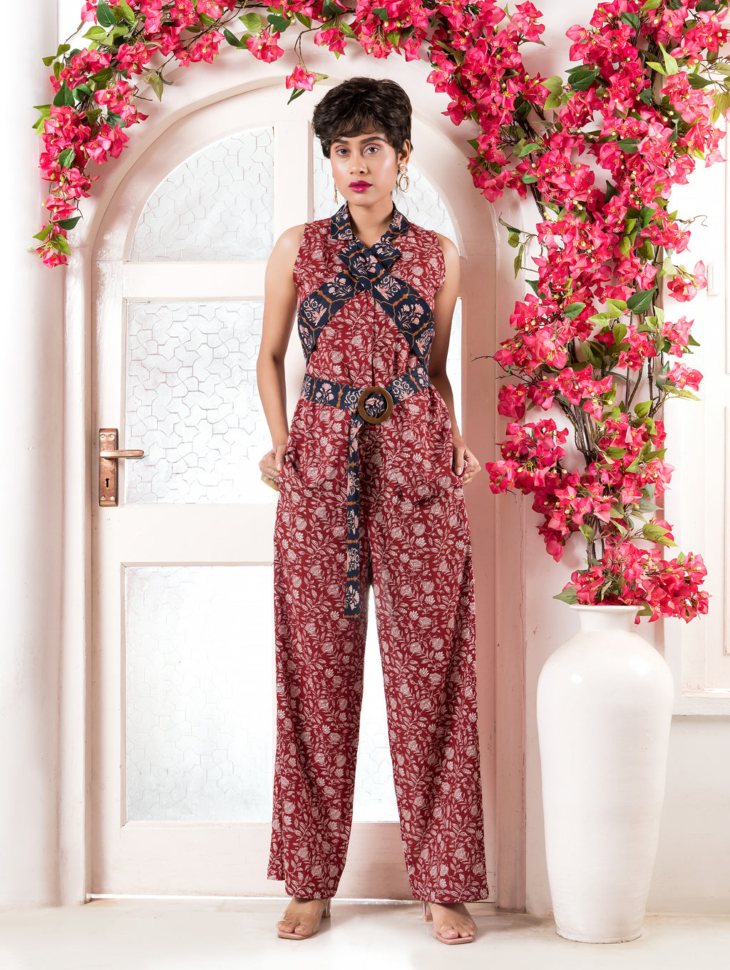 Red Printed Waistcoat with Printed Lapel Belt & Pants