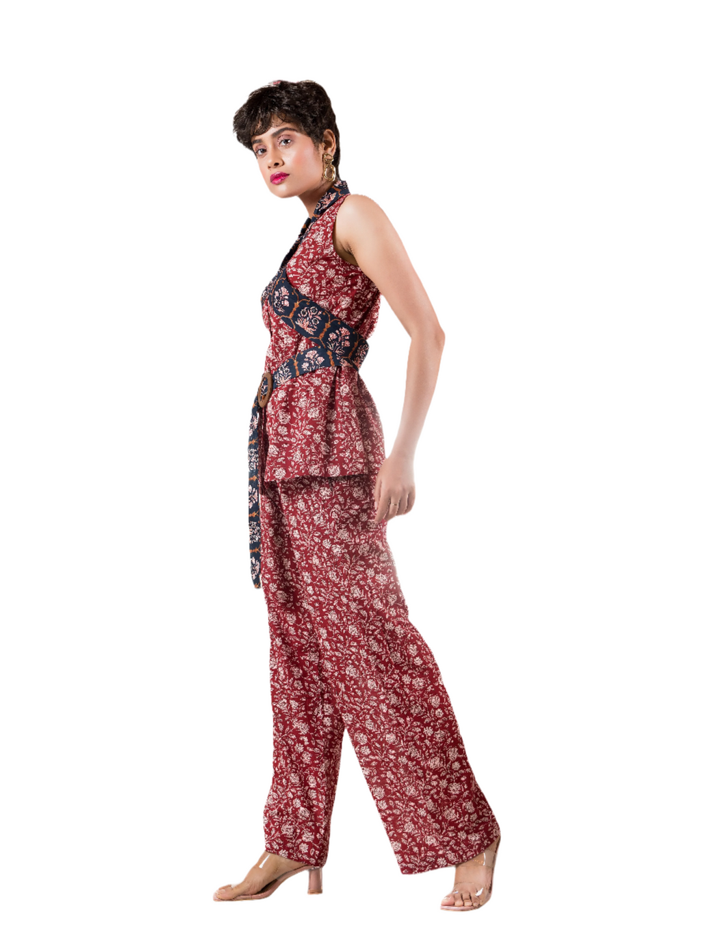 Red Printed Waistcoat with Printed Lapel Belt & Pants