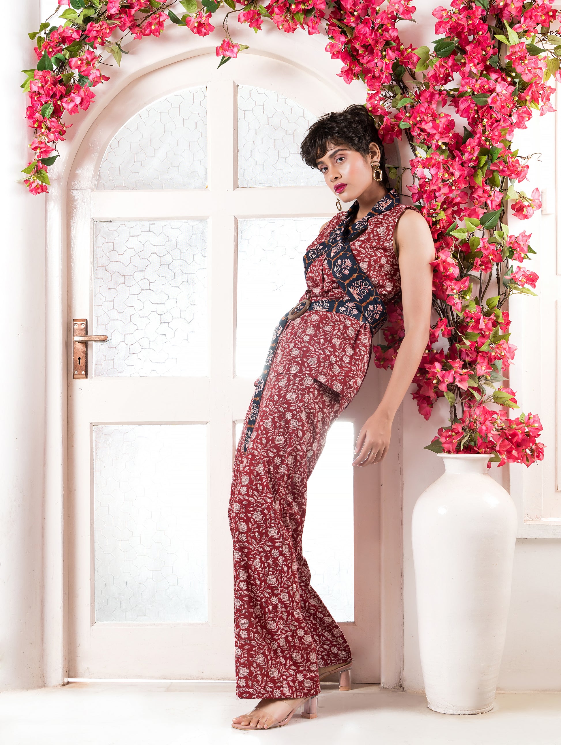 Red Printed Waistcoat with Printed Lapel Belt & Pants