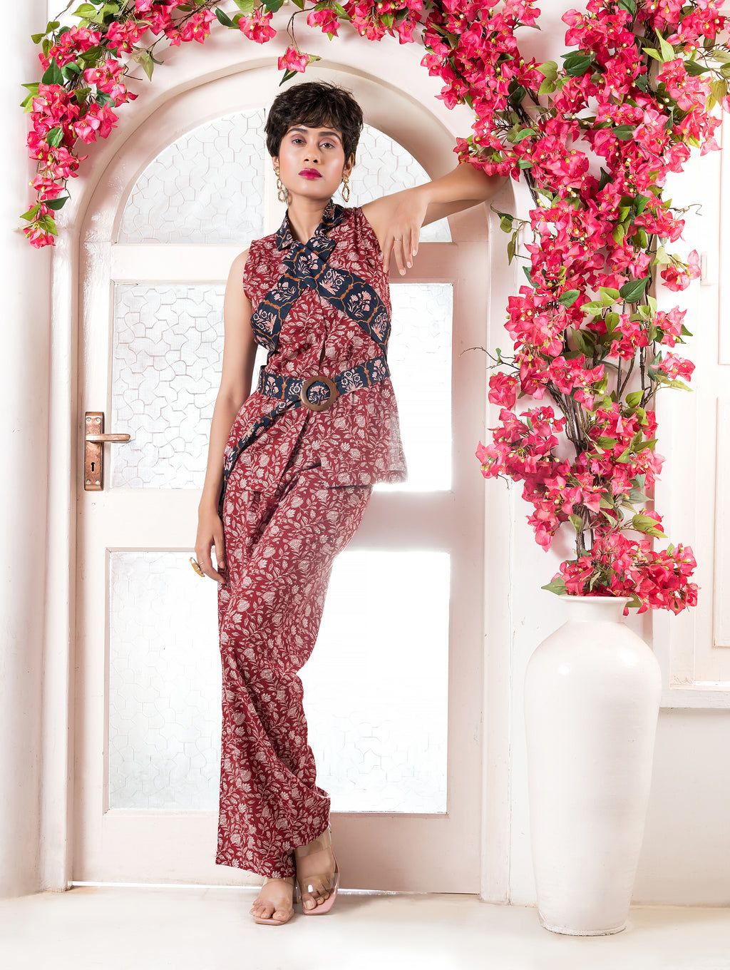 Red Printed Waistcoat with Printed Lapel Belt & Pants
