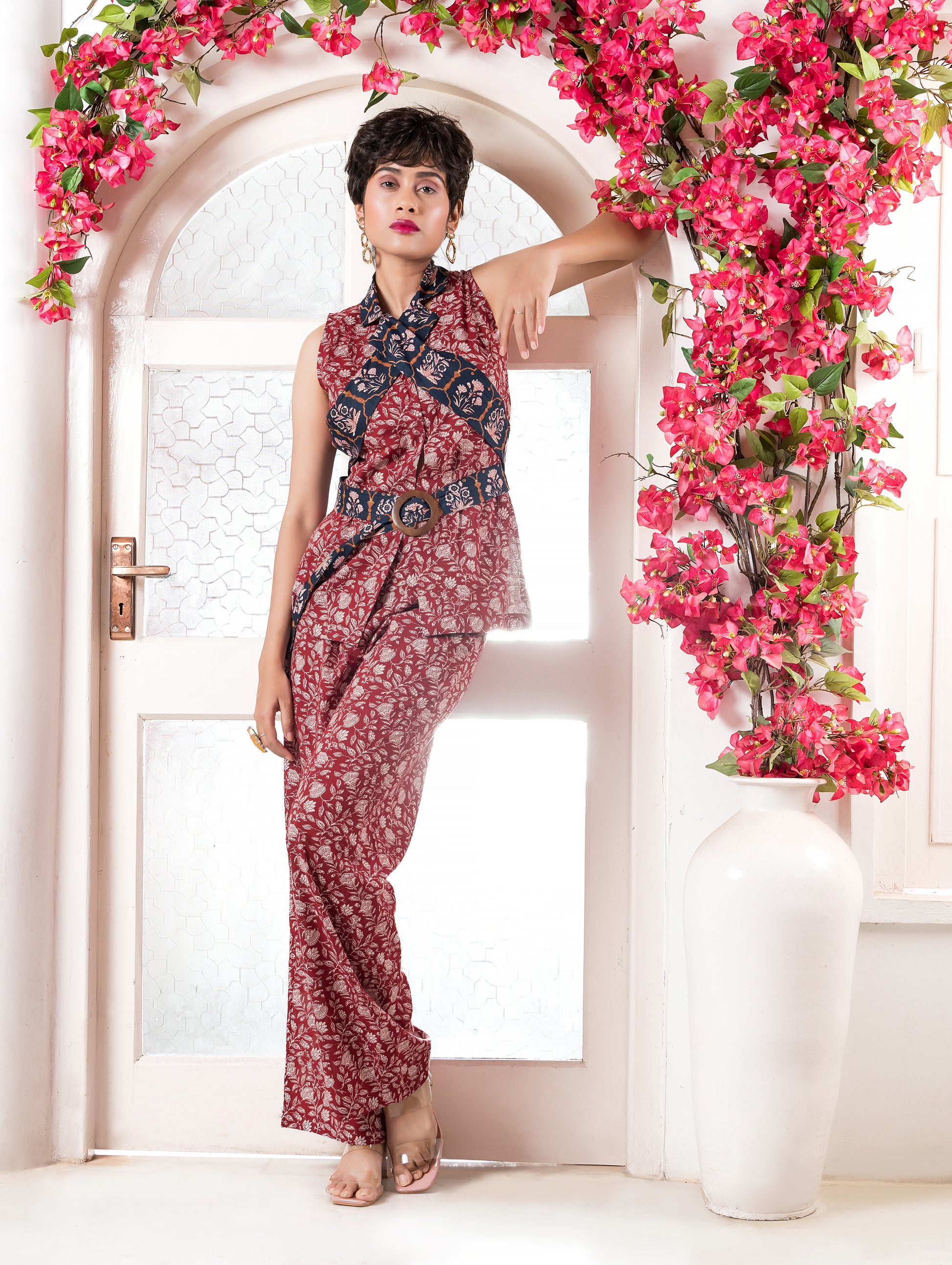 Red Printed Waistcoat with Printed Lapel Belt & Pants