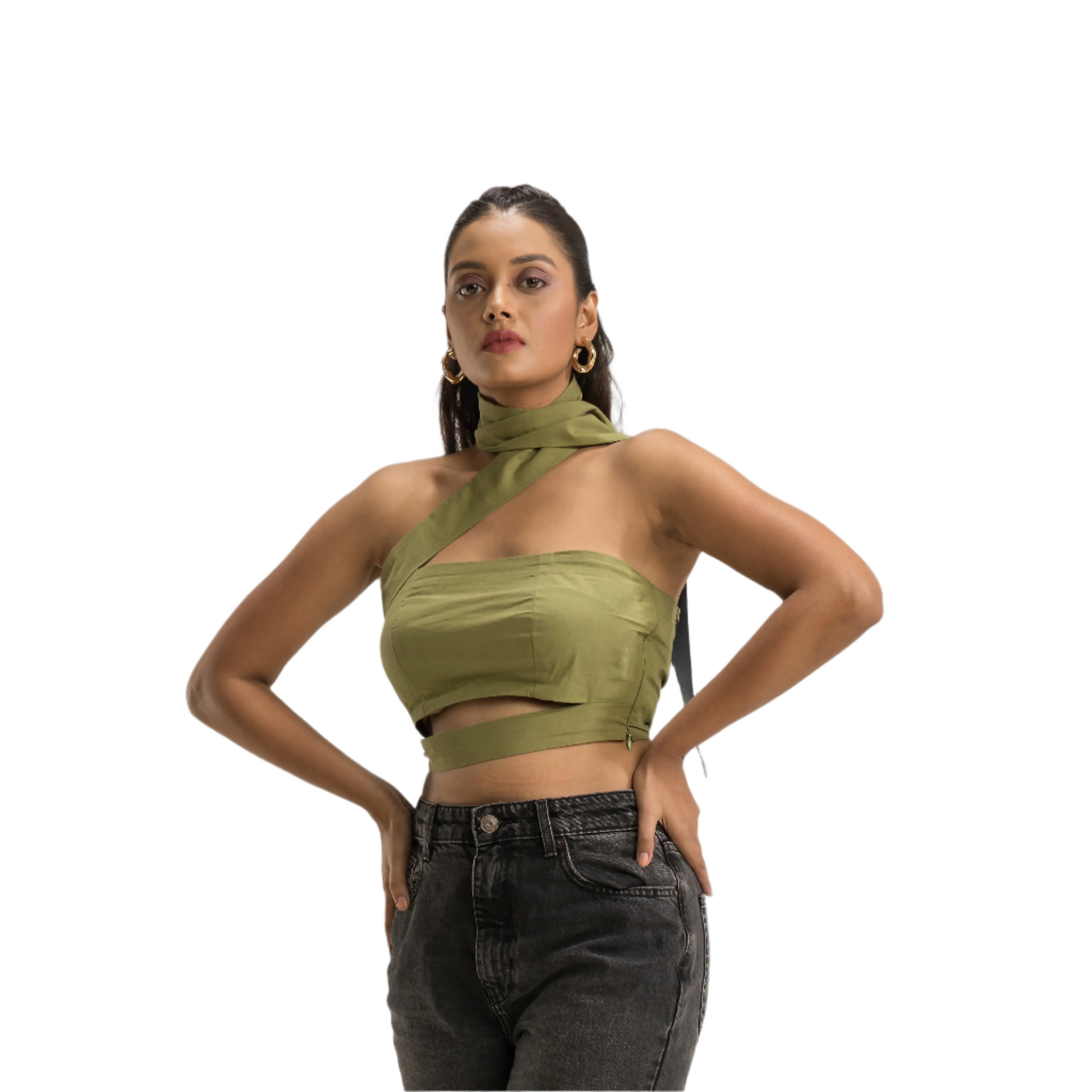 A woman modeling an olive green cut-out crop top with a turtleneck neck design.