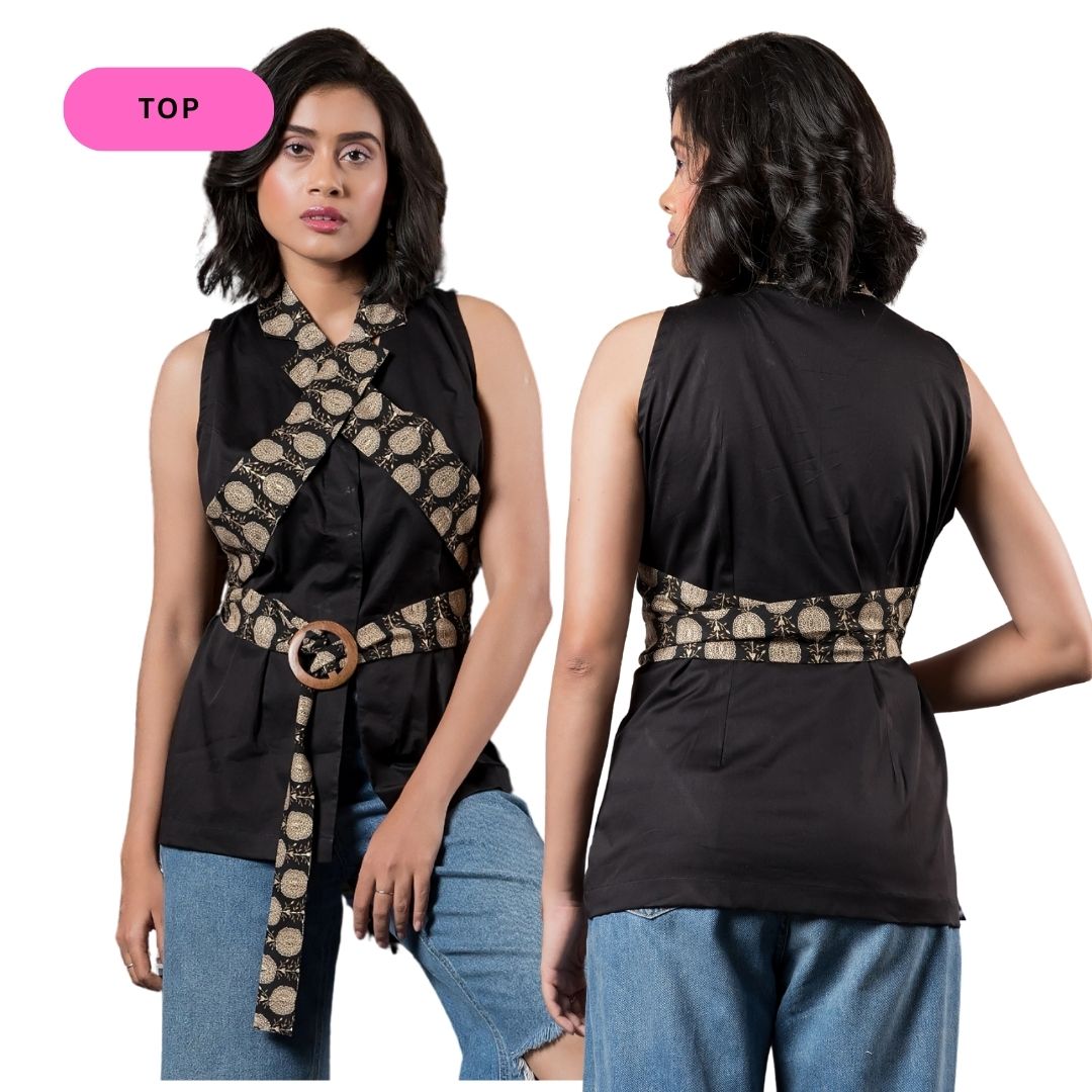 Black Waistcoat with Printed Lapel Belt