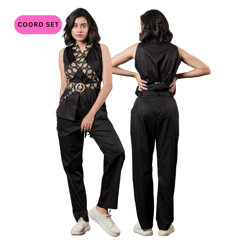 Black Waistcoat with Printed Lapel Belt & Black Pants