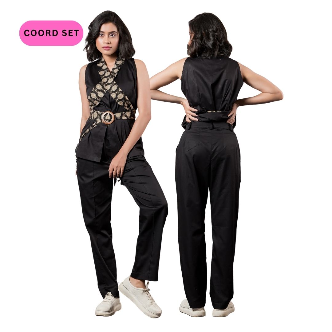 Black Waistcoat with Printed Lapel Belt & Black Pants