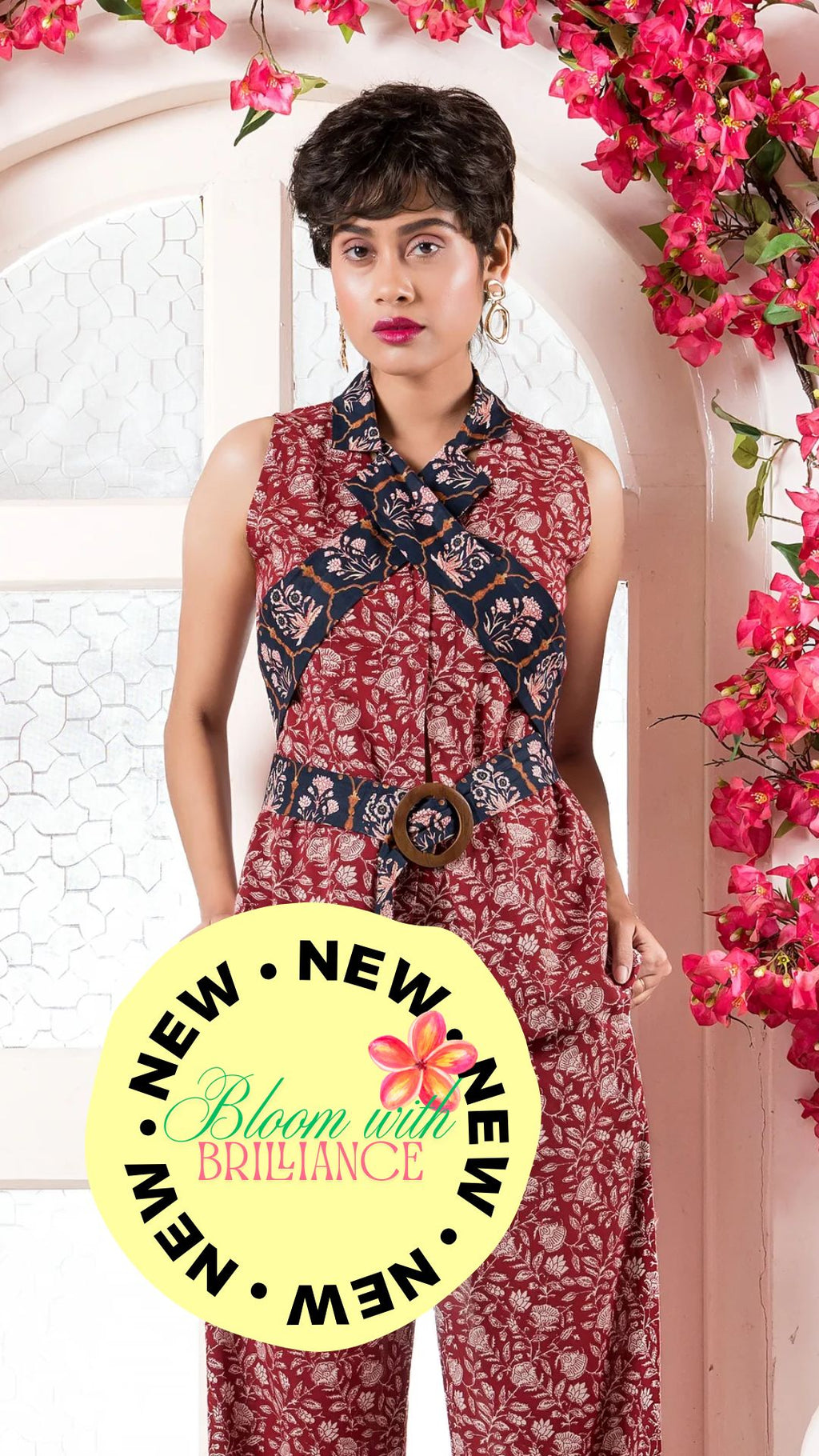 Red Printed Waistcoat with Printed Lapel Belt & Pants