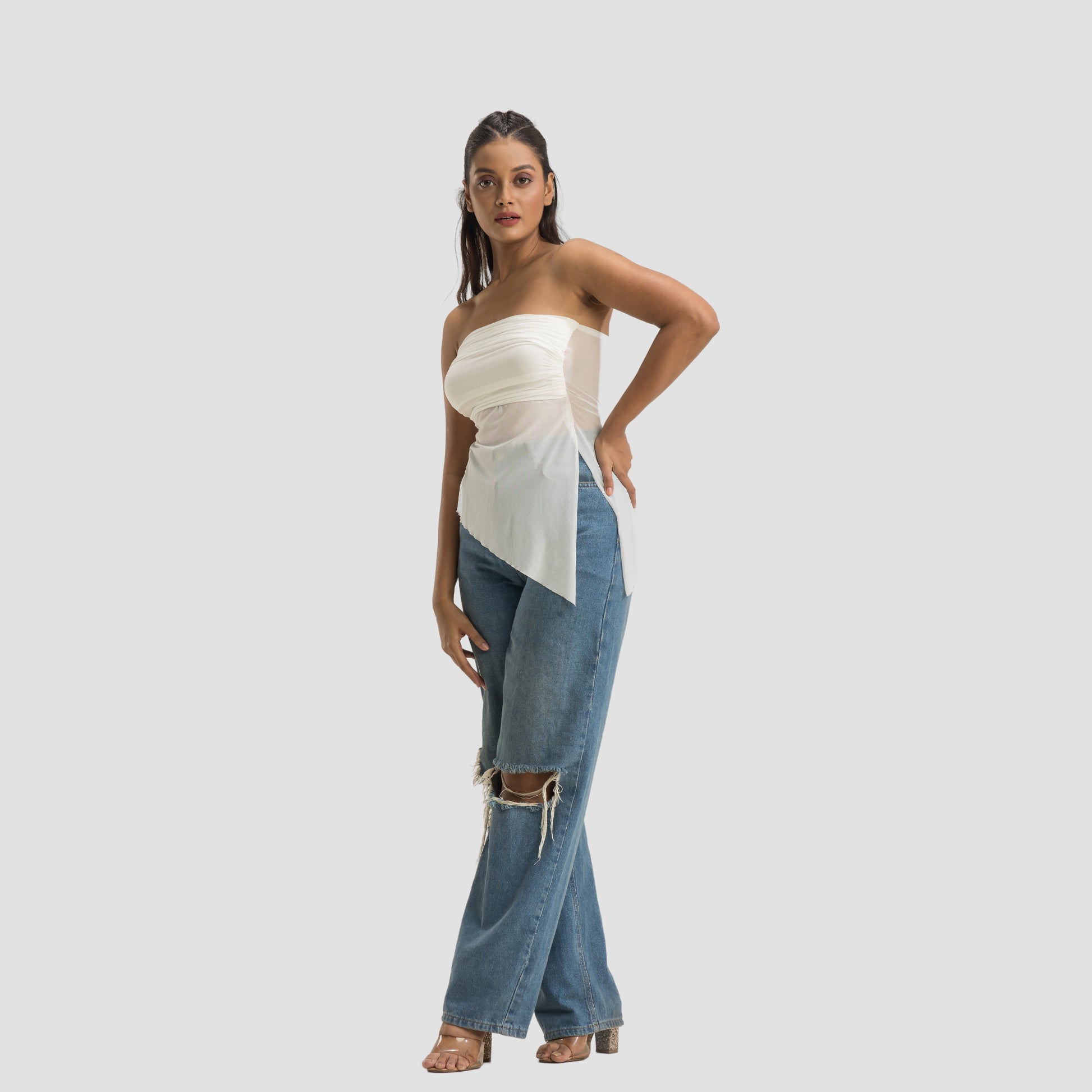 Strapless Gathered Asymmetrical Top