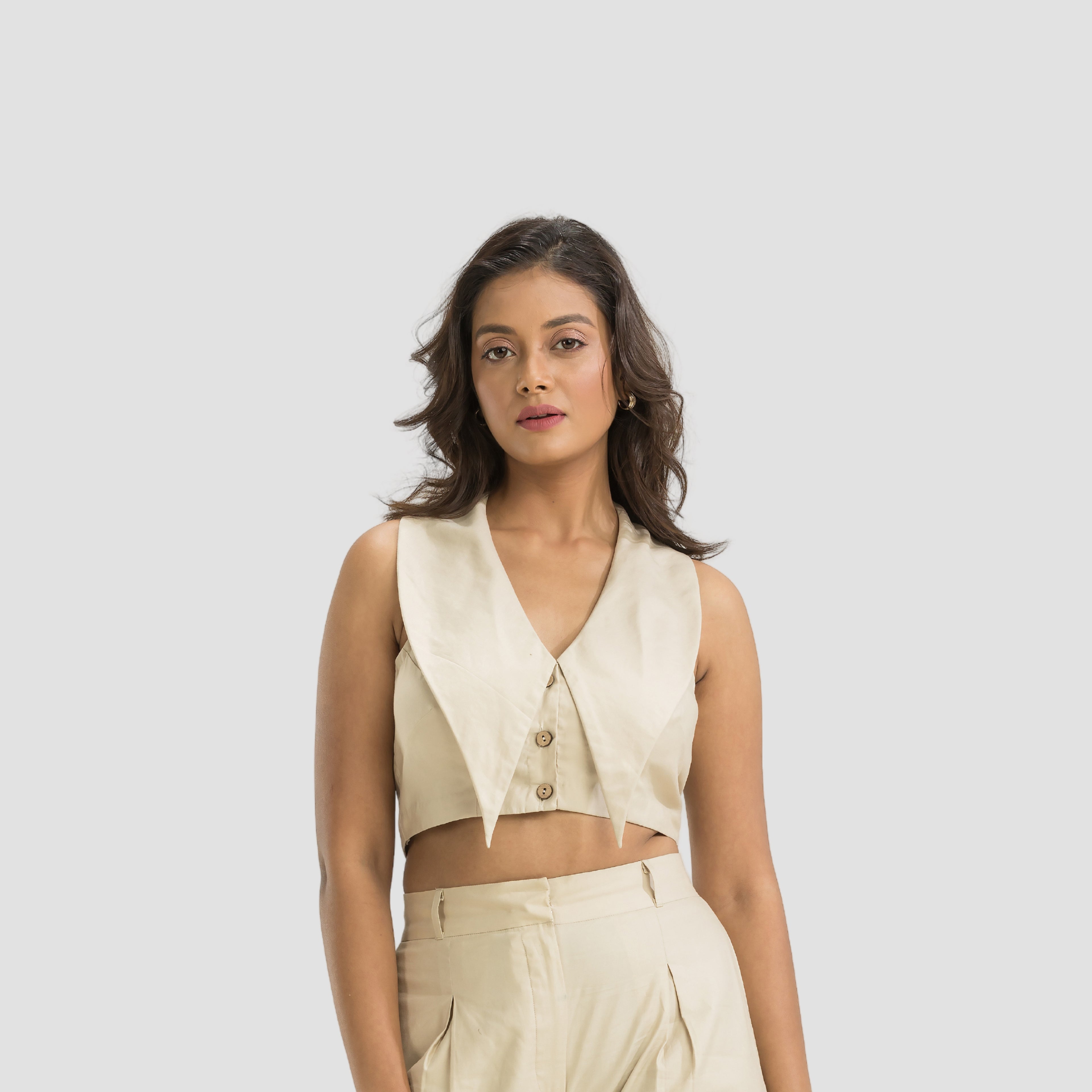 Beige Elongated Collar Halter Neck Top