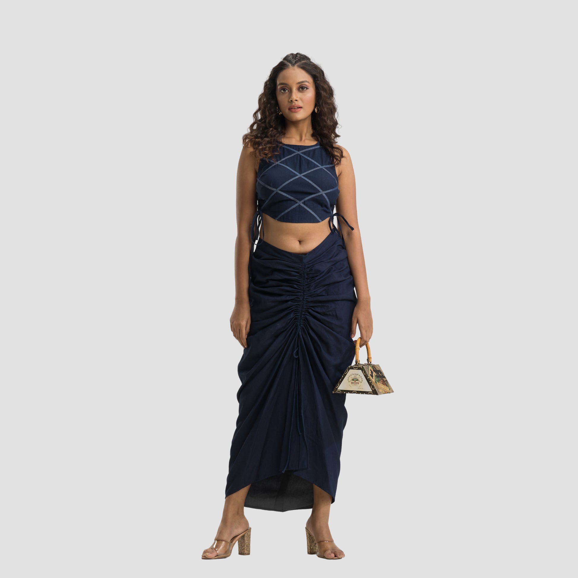Denim Rouched Tie Up Skirt