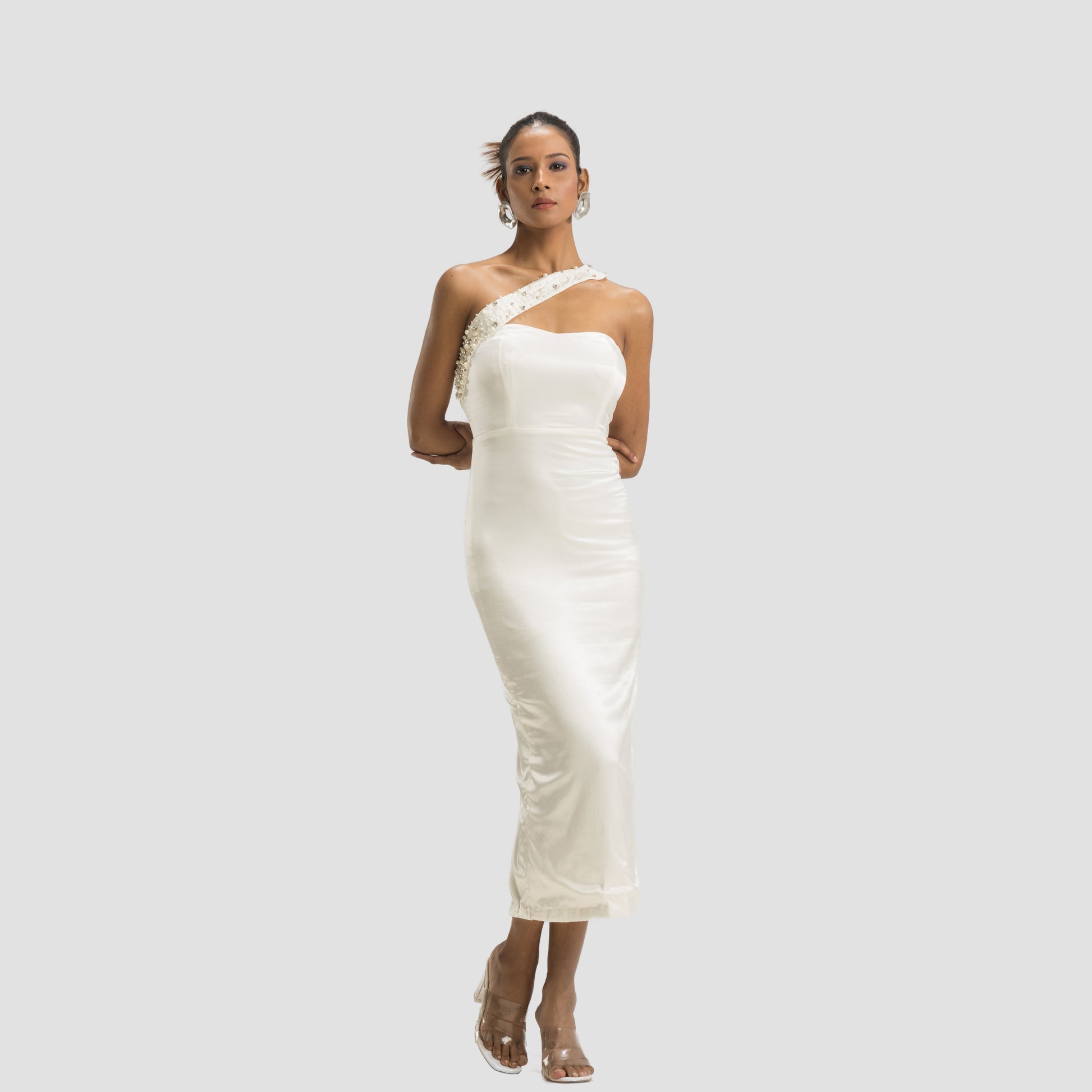One Shoulder Embellished Corset Midi Dress