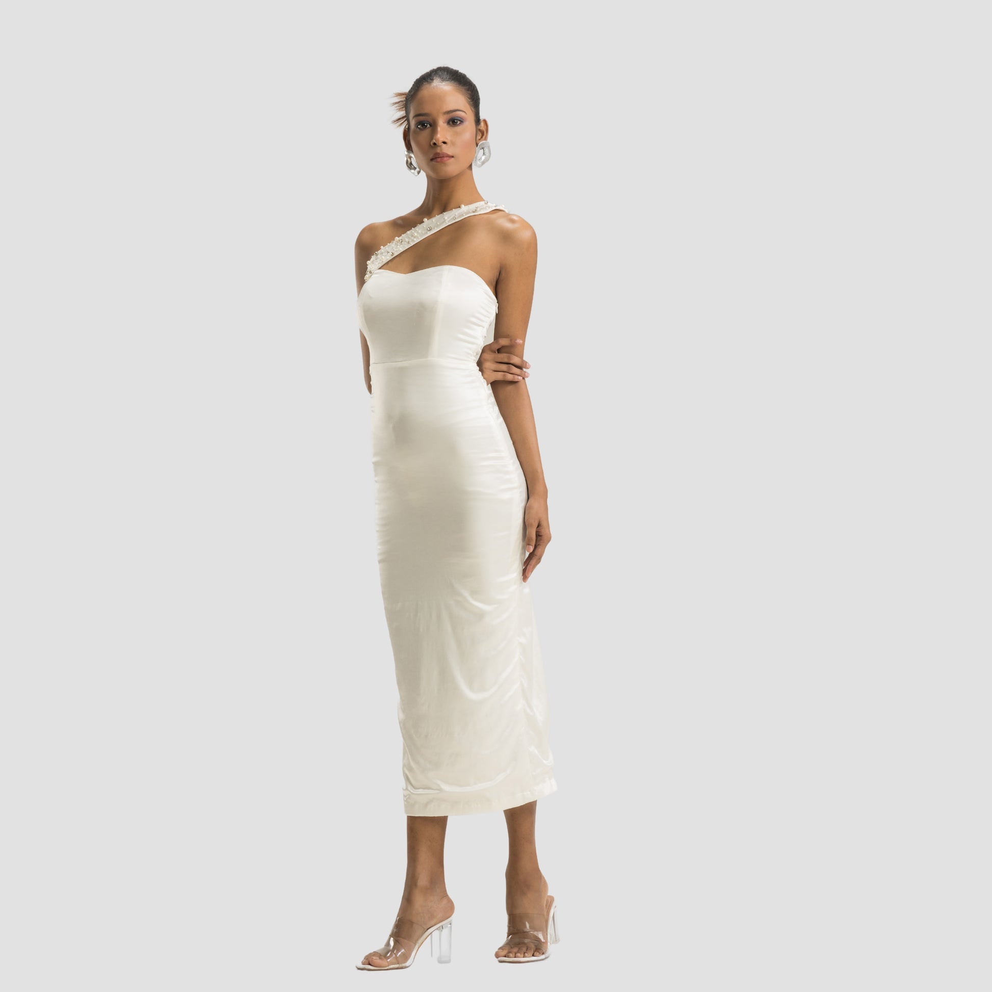 One Shoulder Embellished Corset Midi Dress