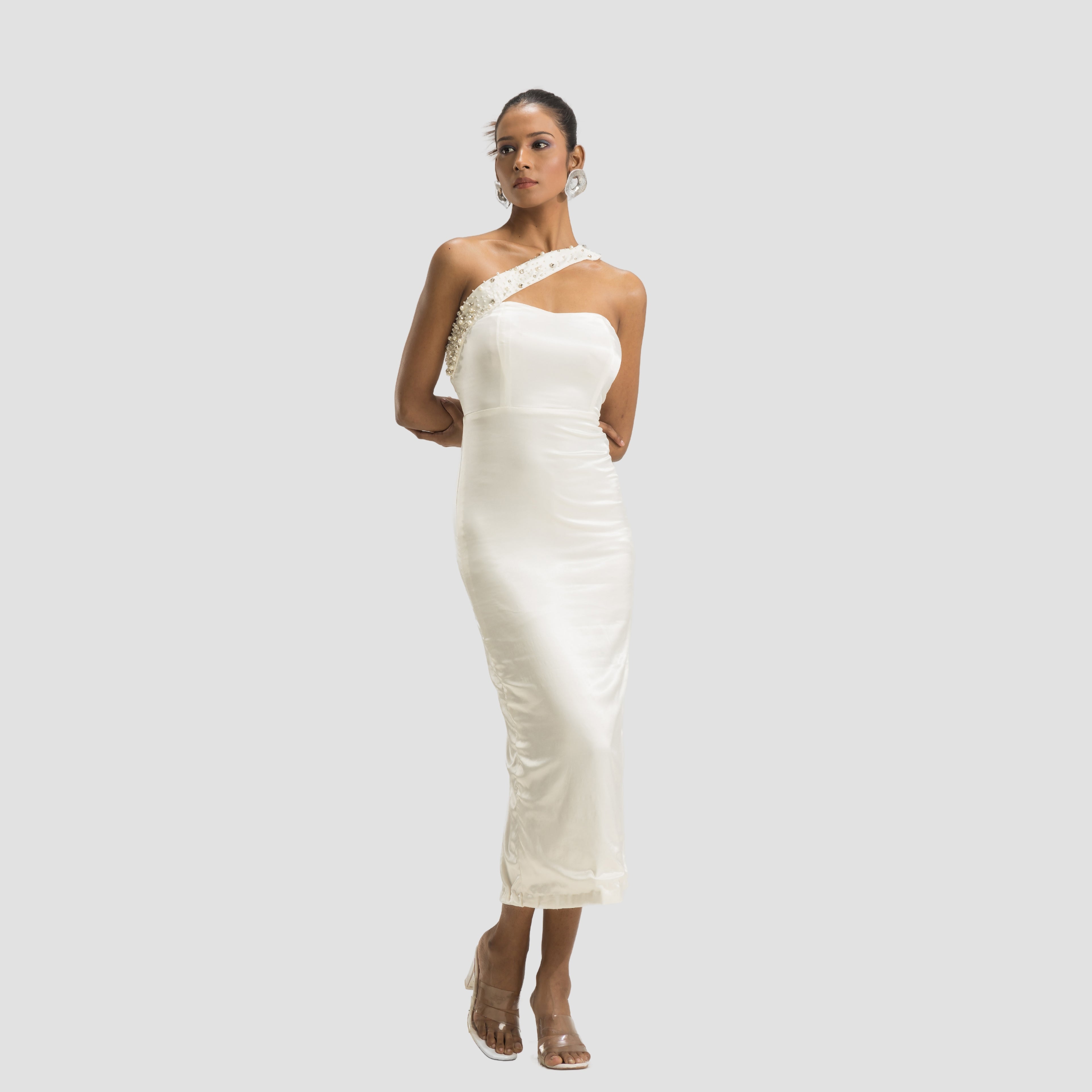 One Shoulder Embellished Corset Midi Dress