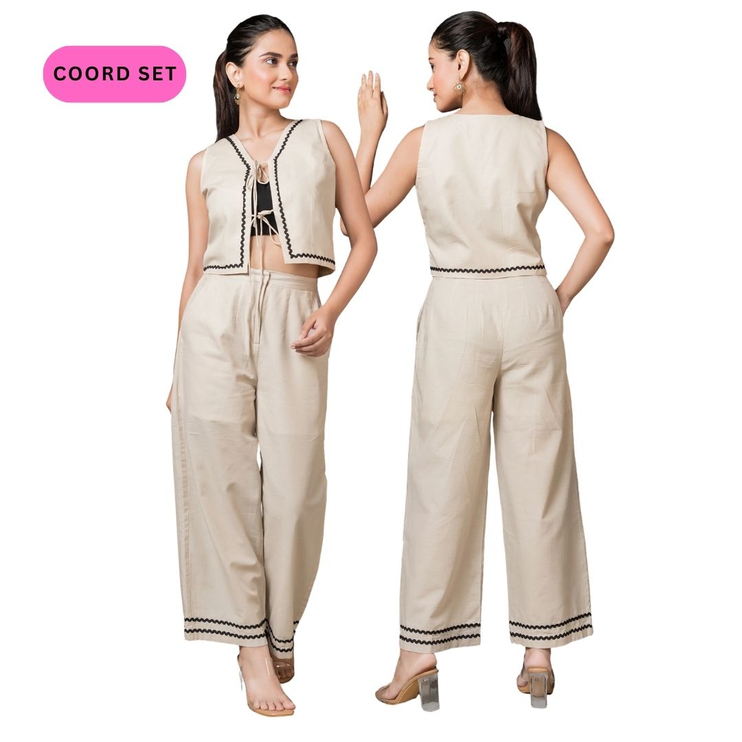 Beige & Black Front Tie on Co-Ord Set
