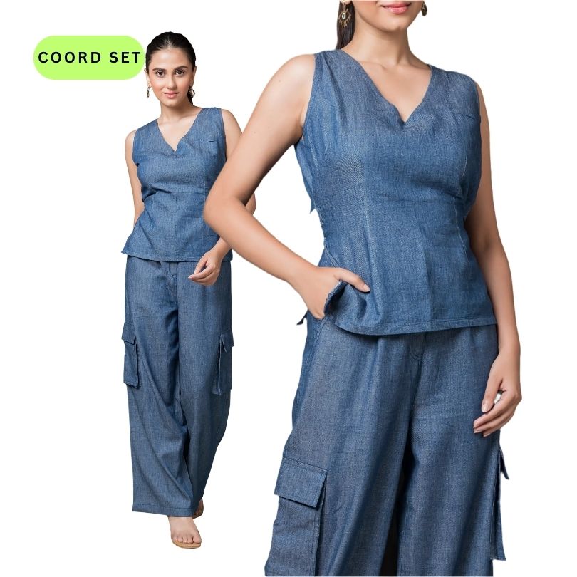 Denim Short Back Top with Cargo Pants