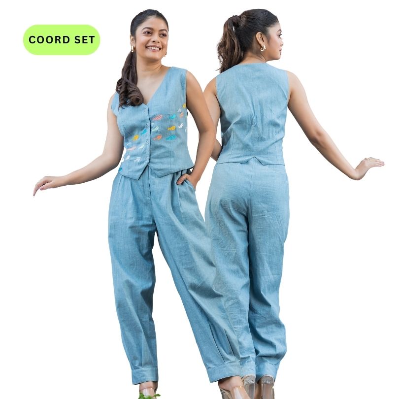 Fishes Embroidered Denim Co-Ords Set