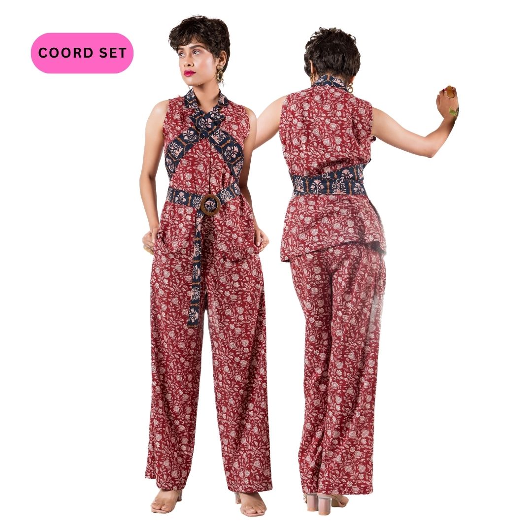 Red Printed Waistcoat with Printed Lapel Belt & Pants