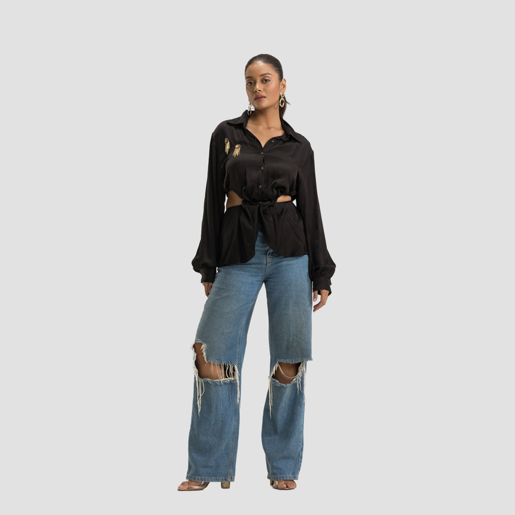 Black Satin Cutout Shirt