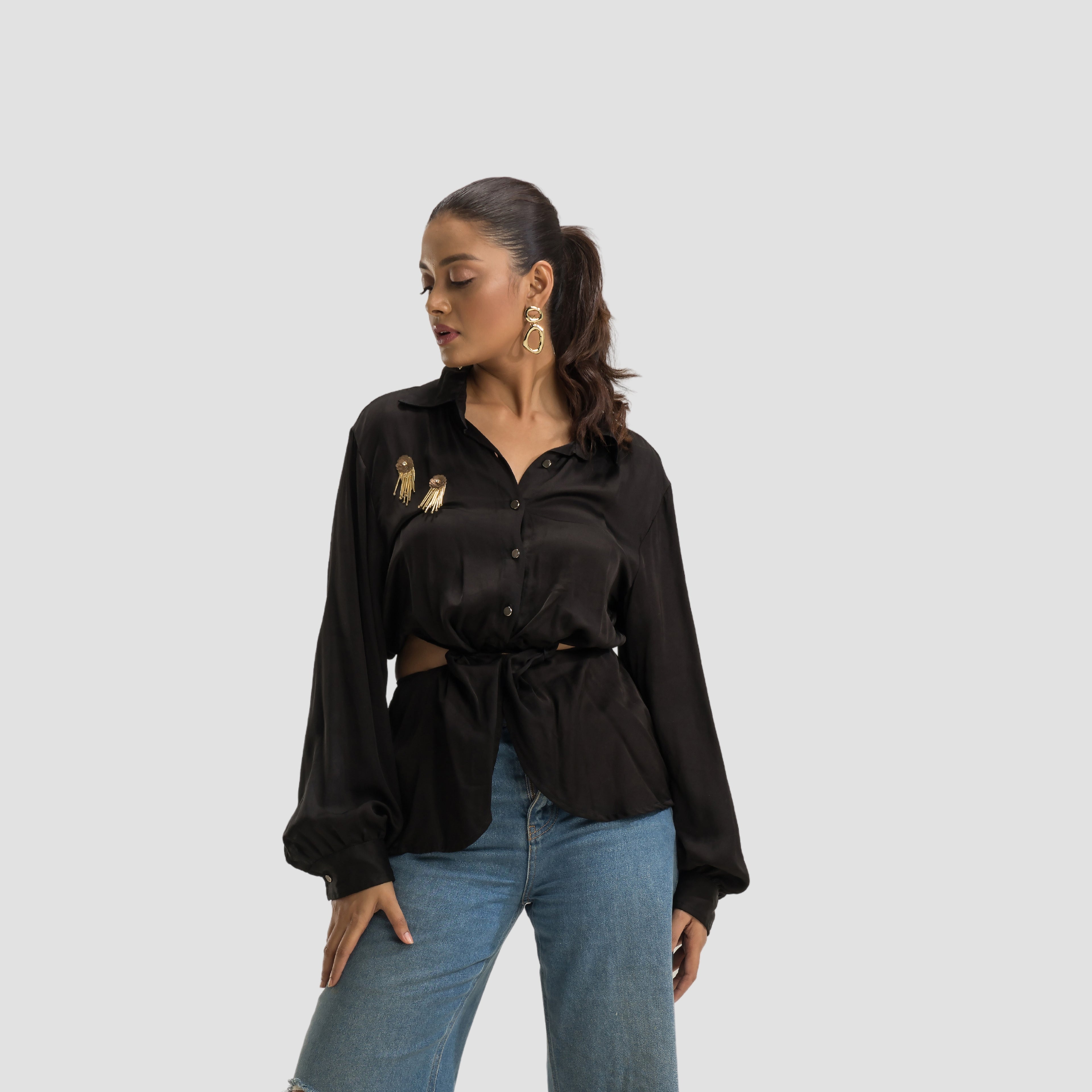 Black Satin Cutout Shirt