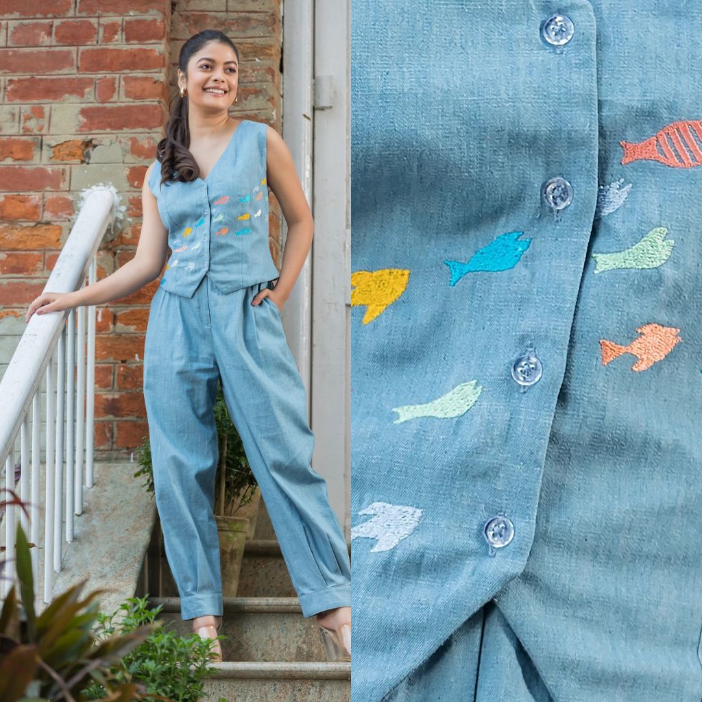 Fishes Embroidered Denim Co-Ords Set