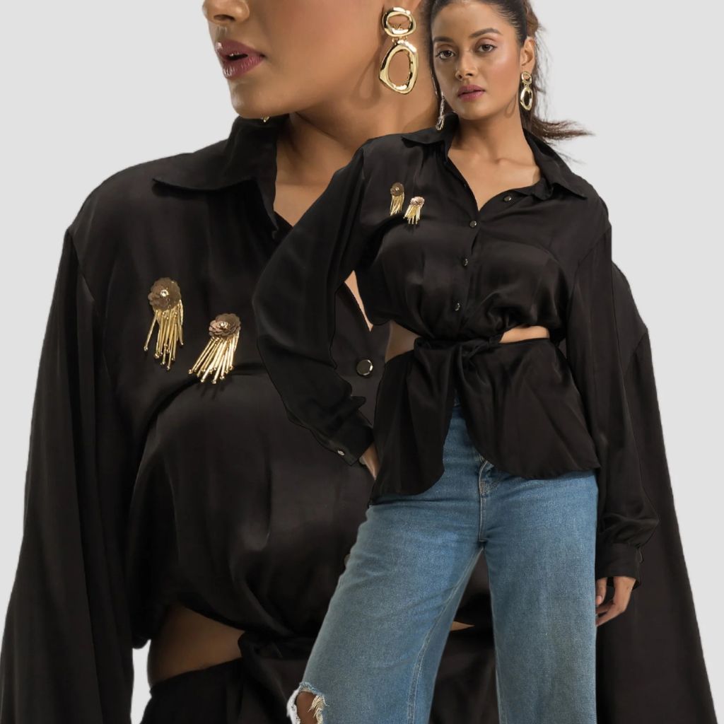 Black Satin Cutout Shirt