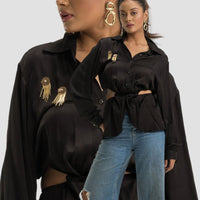 Black Satin Cutout Shirt