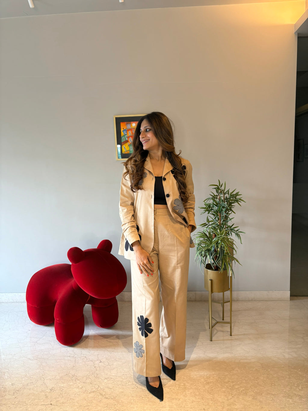 Beige Blazer Set with Appliqués
