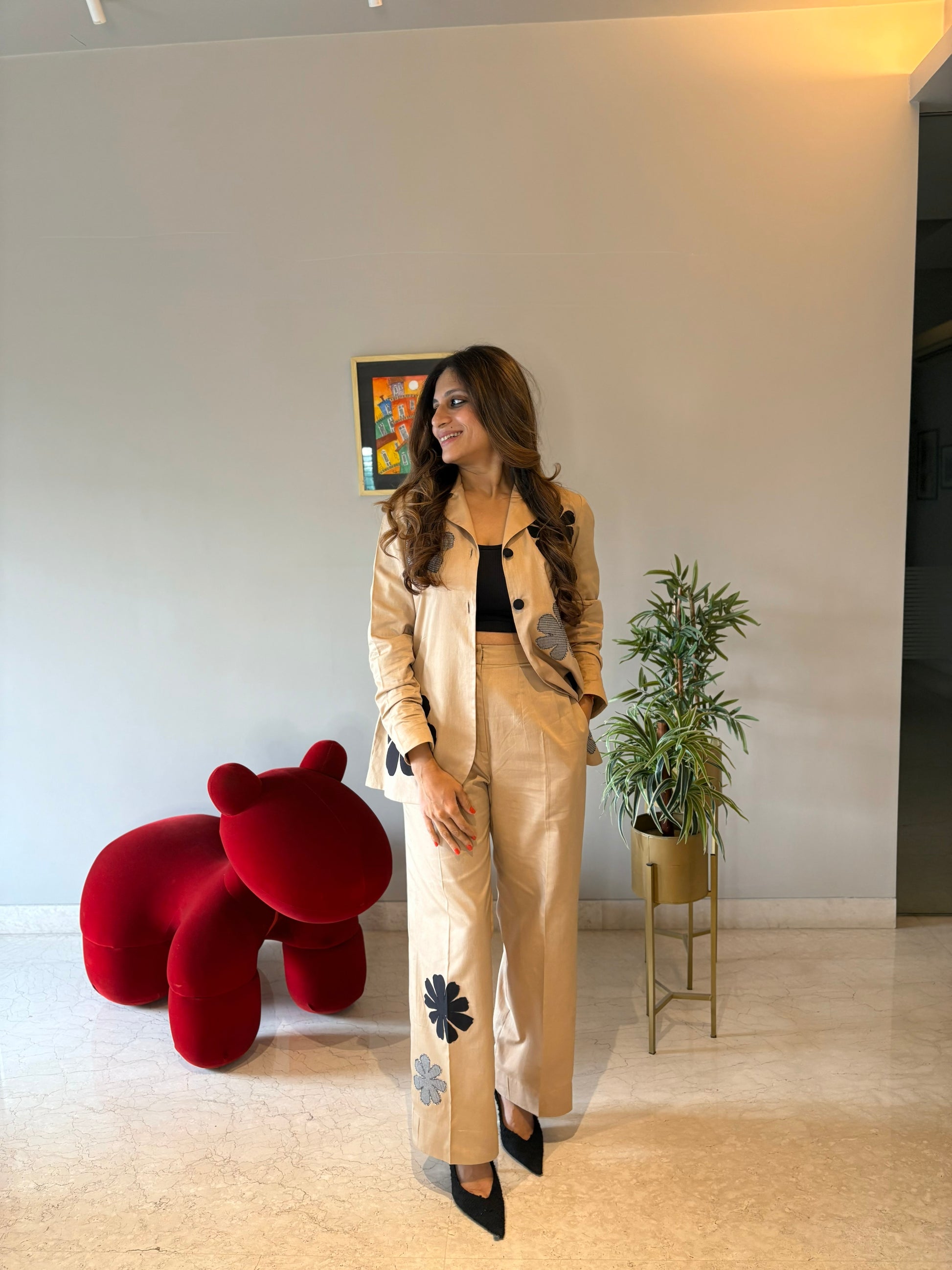 Beige Blazer Set with Appliqués