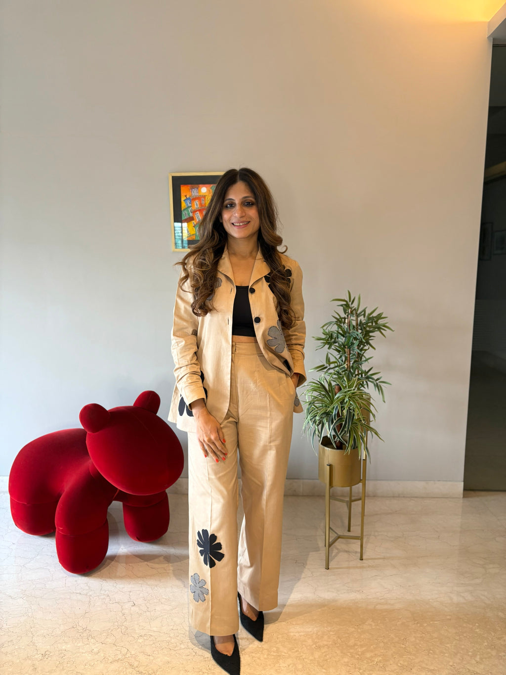 Beige Blazer Set with Appliqués