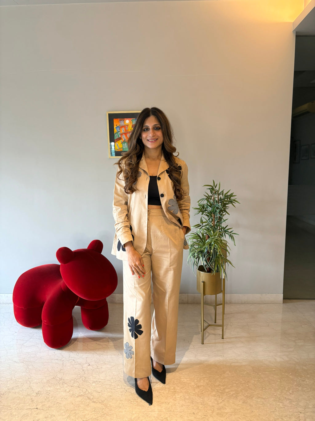 Beige Blazer Set with Appliqués