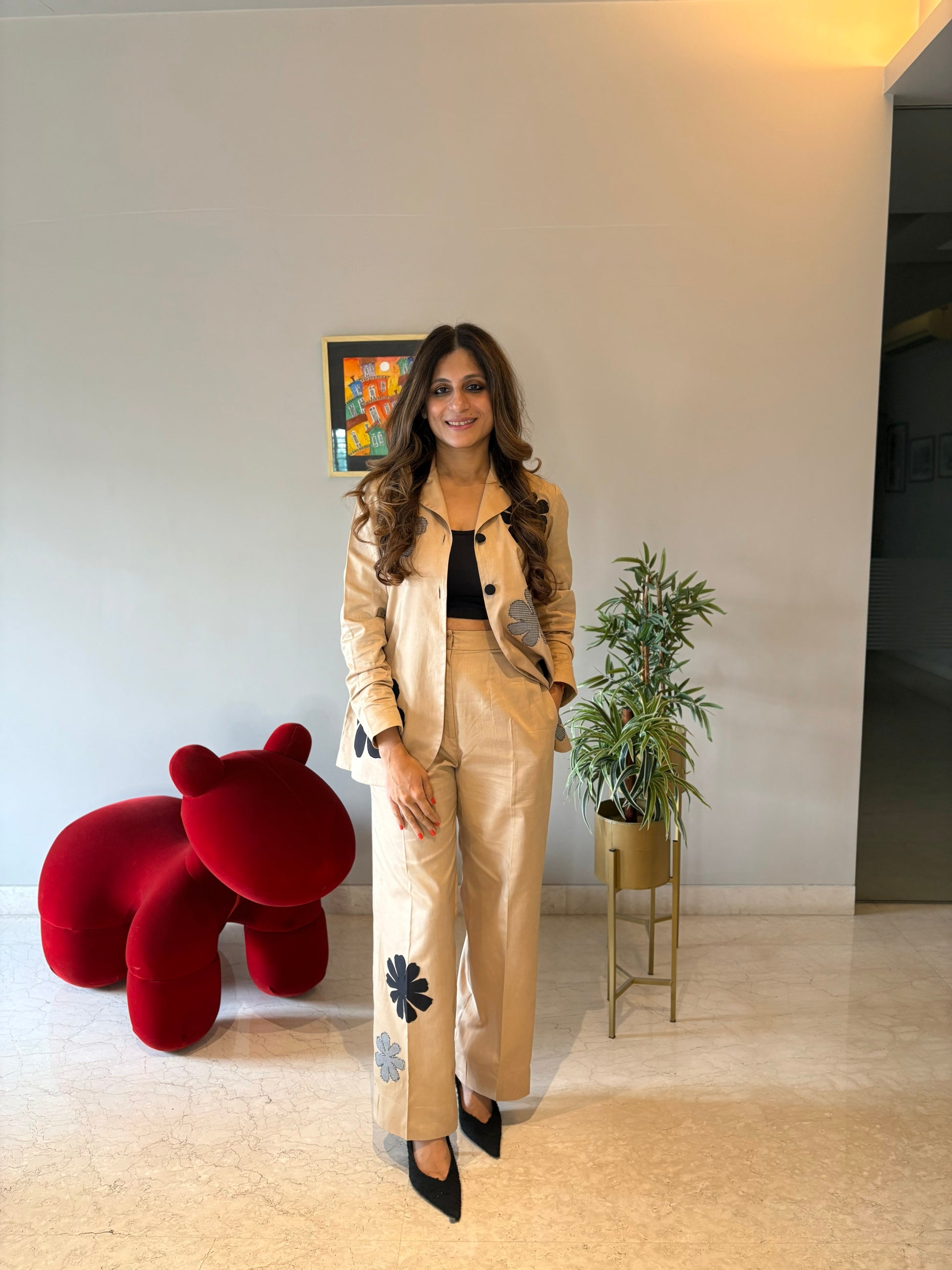 Beige Blazer Set with Appliqués