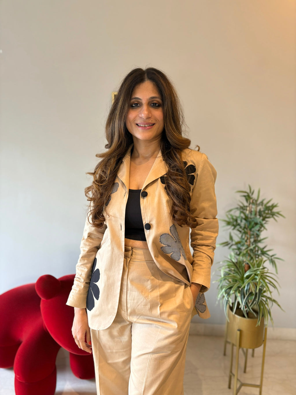 Beige Blazer Set with Appliqués