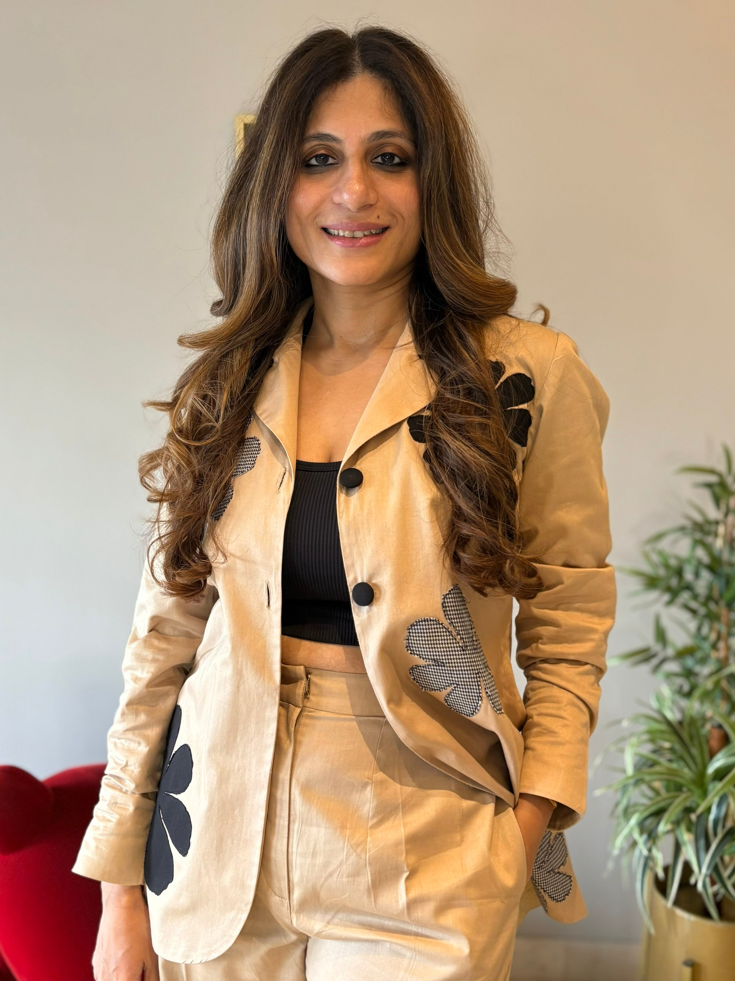 Beige Blazer Set with Appliqués