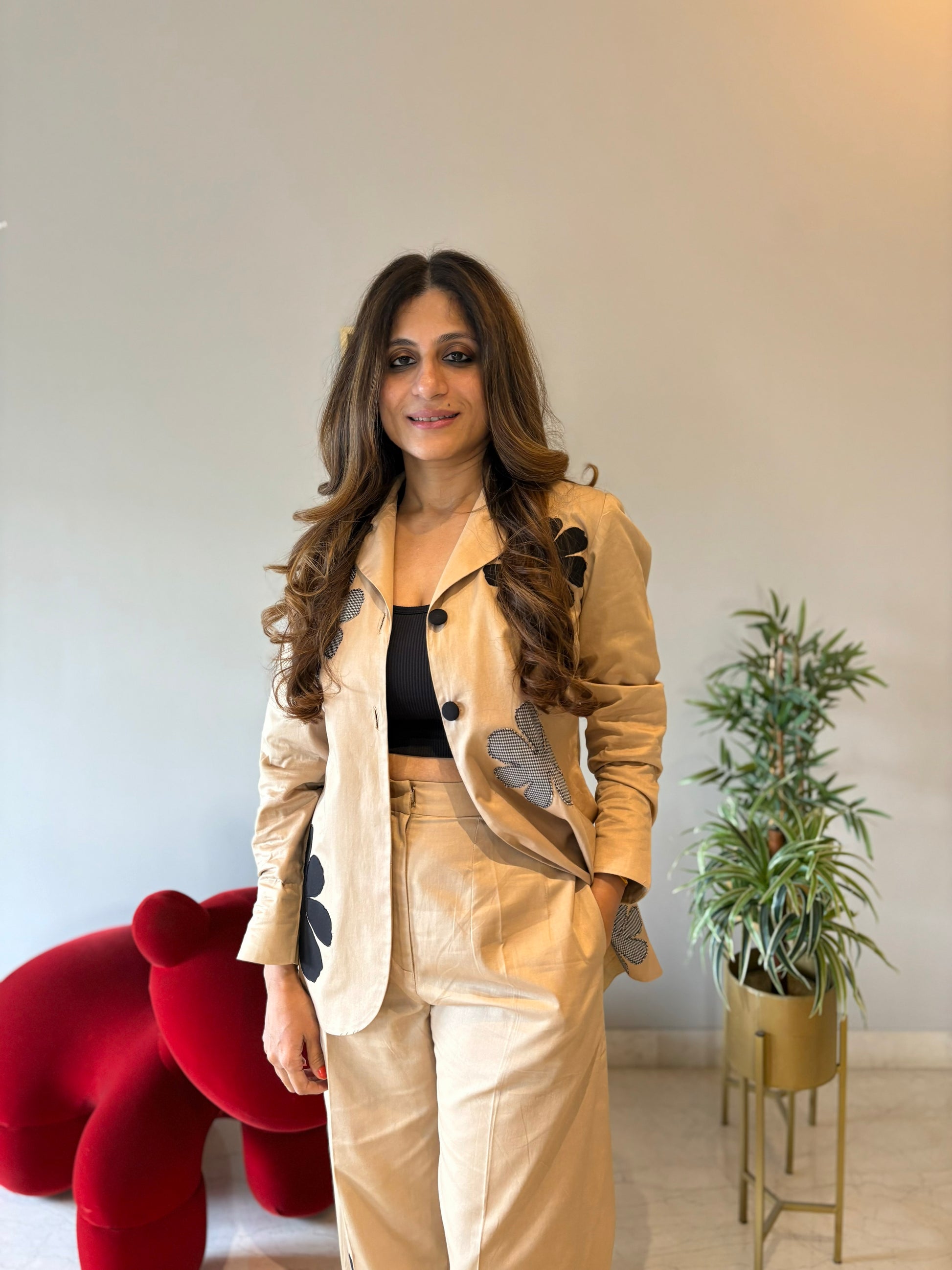 Beige Blazer Set with Appliqués