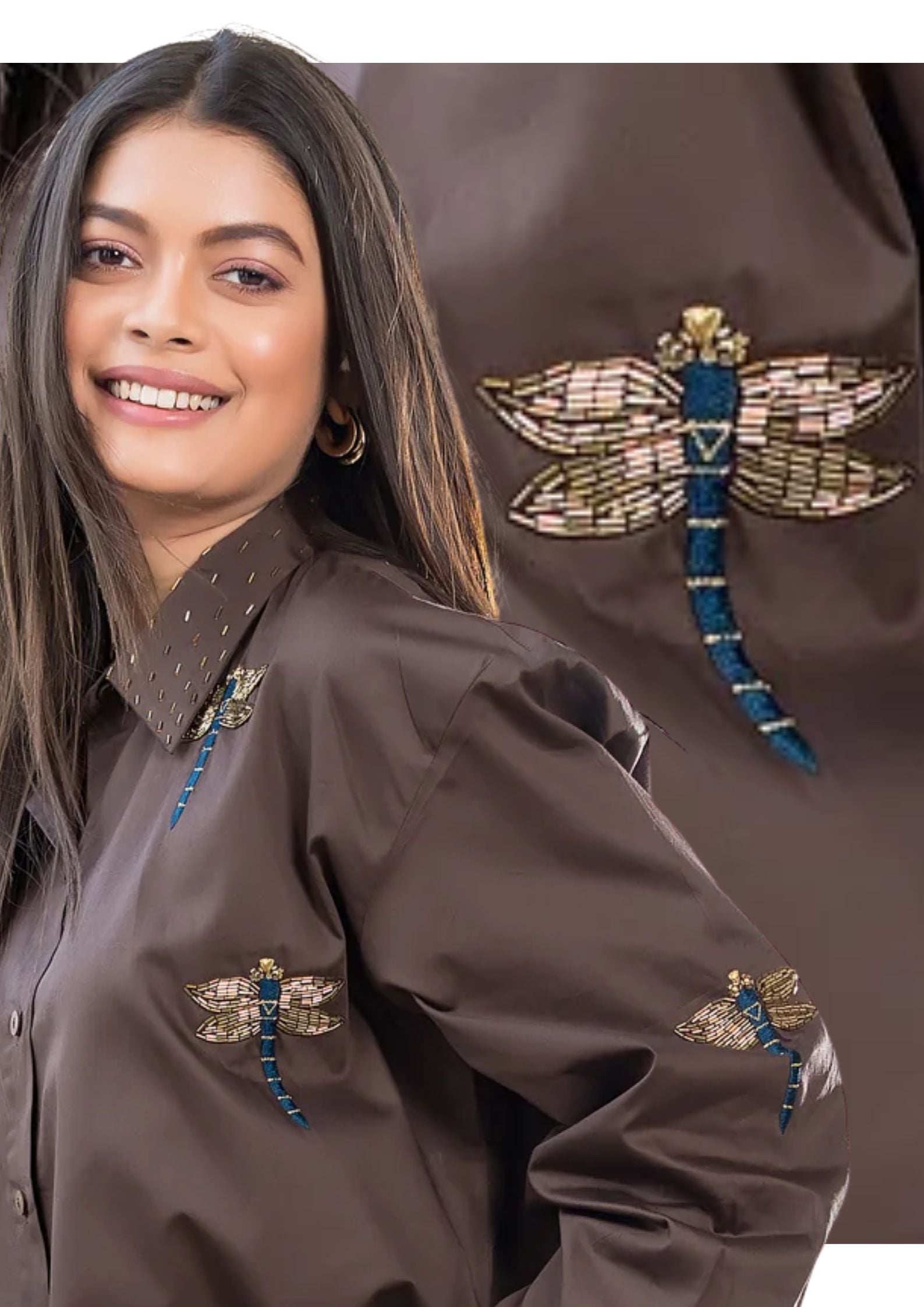 Brown Dragon Fly Embellished Shirt