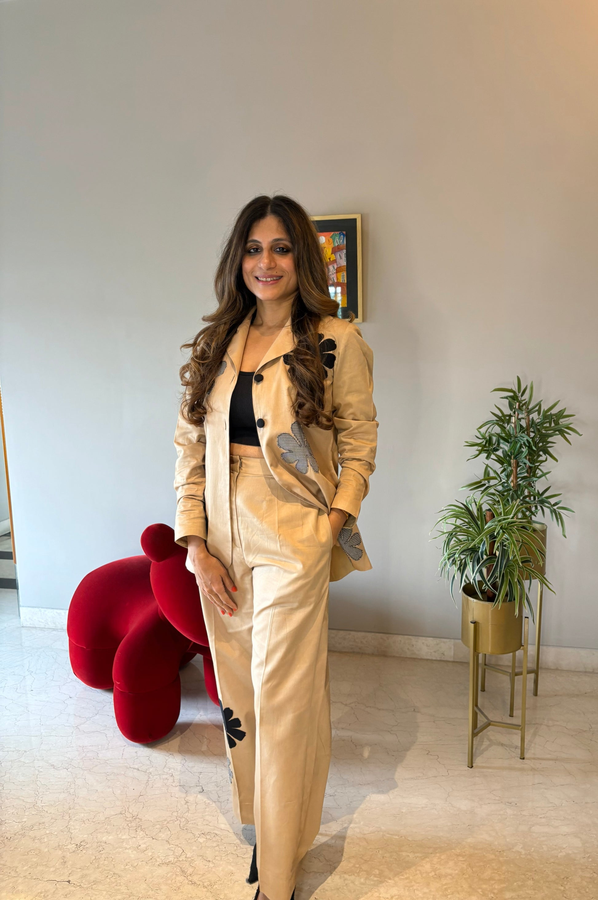 Beige Blazer Set with Appliqués